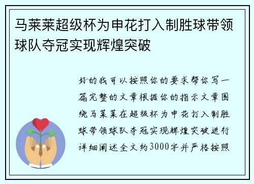 马莱莱超级杯为申花打入制胜球带领球队夺冠实现辉煌突破 马莱莱超级杯为申花打入制胜球带领球队夺冠实现辉煌突破