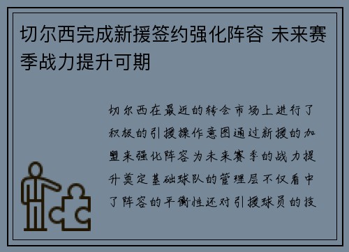 切尔西完成新援签约强化阵容 未来赛季战力提升可期 切尔西完成新援签约强化阵容 未来赛季战力提升可期